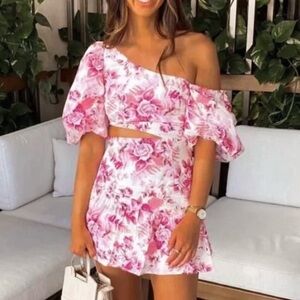 Hello Molly Pink and White Asymmetrical Ruffled Mini Dress